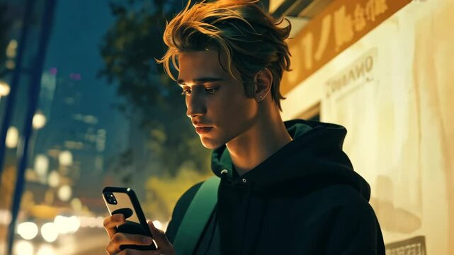 Young Man Using Cellphone at Night in a Vibrant Urban Setting Generative AI