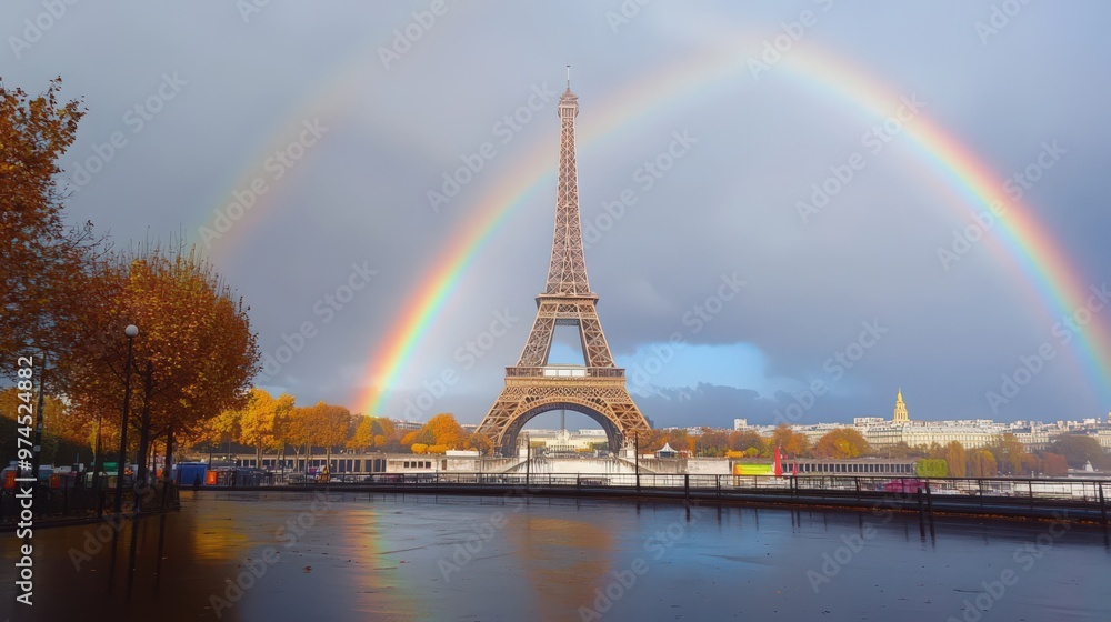 Poster the eiffel tower with a vibrant rainbow arcing across the sky after a rain shower, adding a colorful