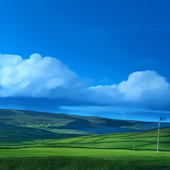 Obraz premium Rolling Green Hills Under a Blue Sky with White Clouds.