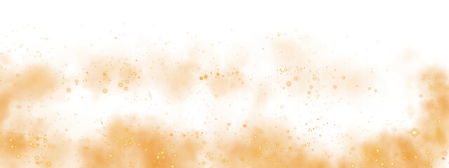 Fantastic yellow smoke background. Magic yellow smoke with glitter and small particles of twinkling stars. Fog with luminous particles. Yellow vapor with stardust. Morning fog over land or water surfa