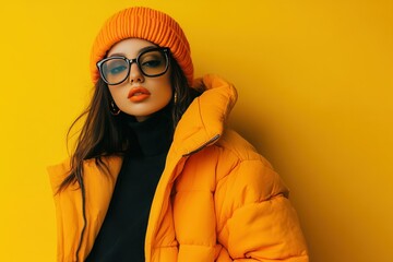 Fashionable Woman in Orange Beanie and Puffer Jacket