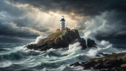 A lighthouse on a coast, in a stormy landscape with lightning illuminating.