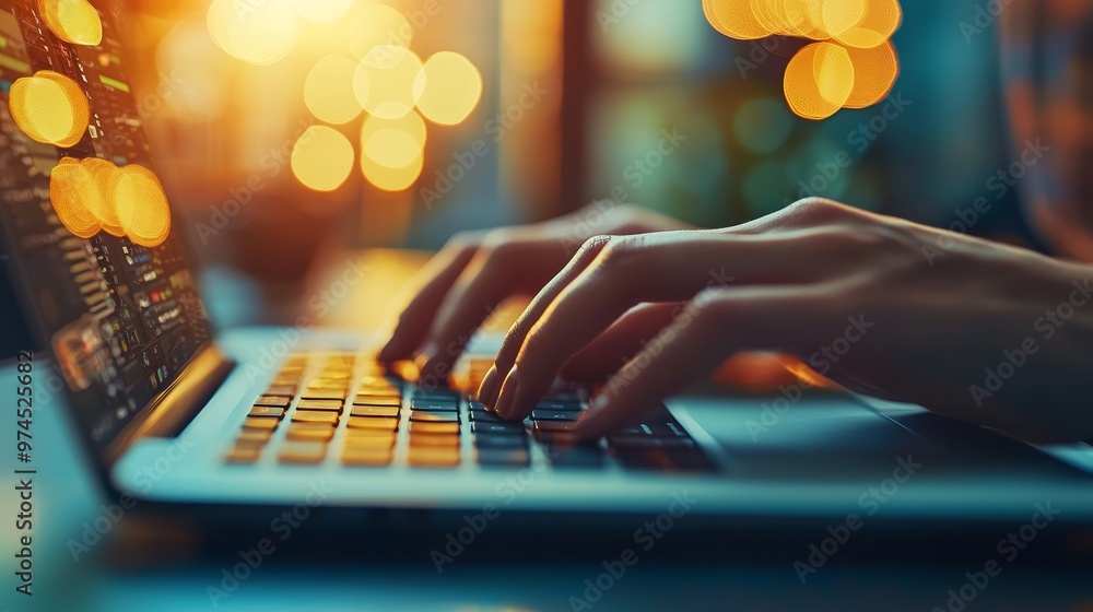 Poster close-up of hands typing on a laptop keyboard with a warm bokeh background, capturing the essence of