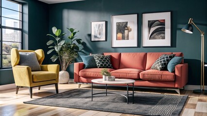 Vibrant yellow sofa and chair near teal wall with poster frame. Scandinavian interior design of modern living room.
