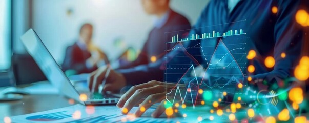 Businessman analyzing financial data and charts on laptop