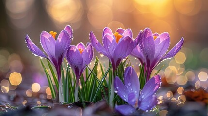 A cluster of vibrant purple crocuses bloom in the morning sunlight.