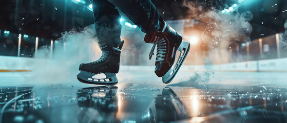 Close up of skates hockey player at the ice rink arena in motion. Hockey competition at ice stadium. Winter professional sport. Generative ai	