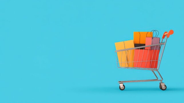 Shopping cart full of discounted items, Black Friday event, flat design illustration, Copy space for text, no logo, no brand, no trademark