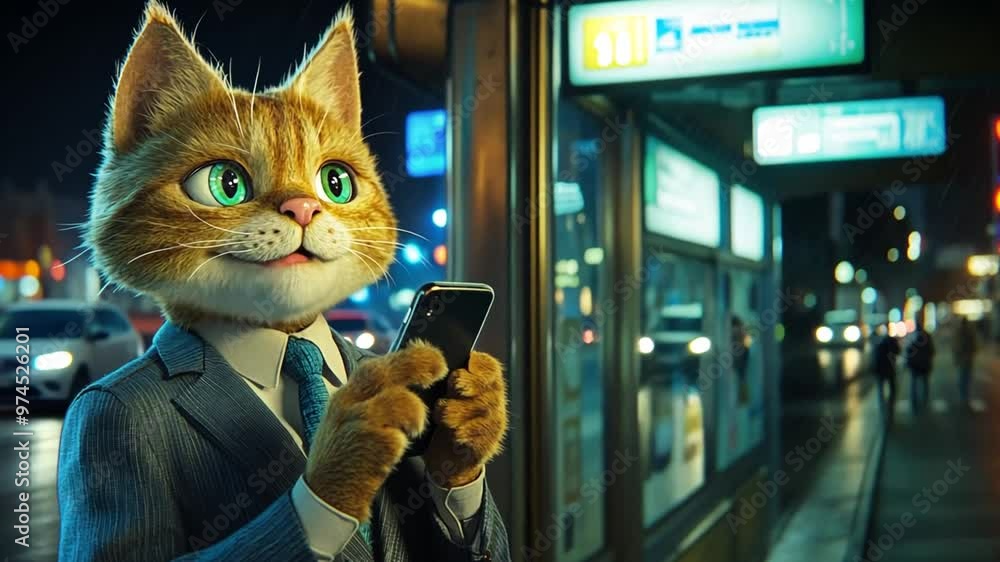 Poster cat in a suit using a cellphone at night in a busy urban area generative ai
