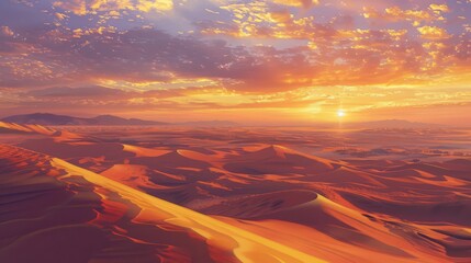 The expansive desert scene highlights a breathtaking sunrise over the horizon, with warm hues of orange and pink illuminating the rolling sand dunes