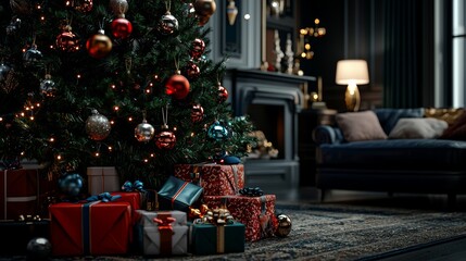 Christmas Tree with Presents and Fireplace in Cozy Living Room