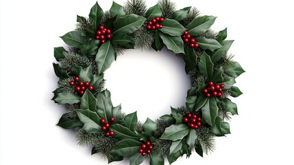 Christmas Holly Wreath with Red Berries Isolated on White Background