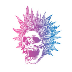 A skull with an open mouth and a punk rock hairstyle. T-shirt design, stickers, print.