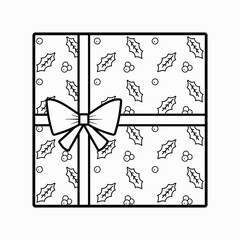 square gift box tied with ribbon and decorated with holly outline image on top flat style