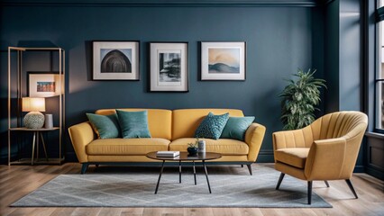 Vibrant yellow sofa and chair near teal wall with poster frame. Scandinavian interior design of modern living room.
