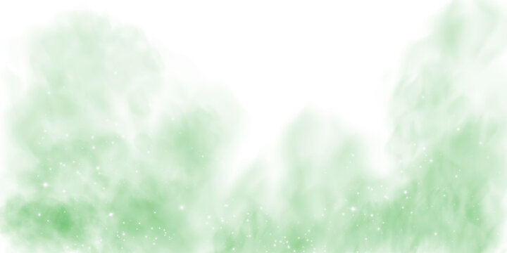 Fantastic green smoke background. Magic green smoke with glitter and small particles of twinkling stars. Fog with luminous particles. Green vapor with stardust. Morning fog over land or water surface,