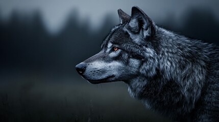 Naklejka premium Wolf Portrait with Red Eyes in Dark Forest