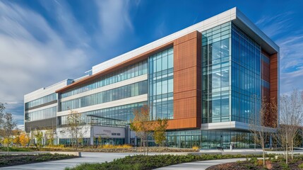 Fototapeta premium The exterior of a cutting-edge research hospital, with contemporary design elements, large glass panels, and a focus on innovation and medical advancement.