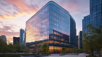 The exterior of a glass-clad office tower with an iconic architectural design, creating a striking silhouette against the backdrop of a bustling urban landscape.
