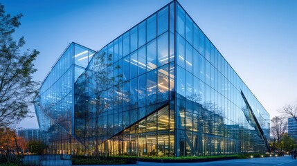 Obraz premium The exterior of a glass-fronted office building with unique architectural features, such as a geometric design and integrated green spaces,
