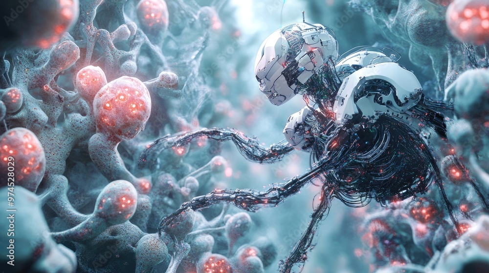 Poster a visual concept of artificial intelligence integrating with biology, showing robotic and organic el