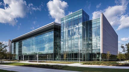 The exterior of a government research facility with a cutting-edge design, including glass panels, high-tech features, and a focus on innovation