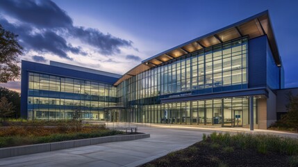 Obraz premium The exterior of a government research facility with a cutting-edge design, including glass panels, high-tech features, and a focus on innovation