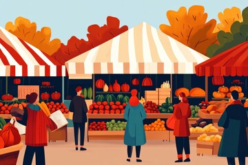 Autumn harvest festival with a variety of seasonal produce, local crafts, and people enjoying the festivities, Copy space for text, no logo, no brand, no trademark