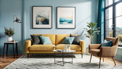 Vibrant yellow sofa and chair near teal wall with poster frame. Scandinavian interior design of modern living room.
