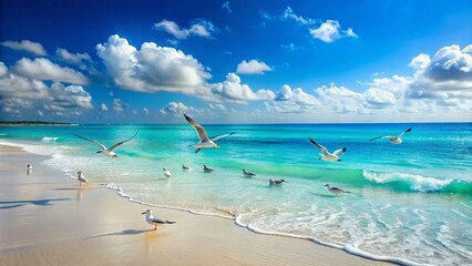 Calming turquoise ocean scene with subtle waves, soft white sand, and gentle seagulls flying in a serene, peaceful atmosphere under a clear blue sky.