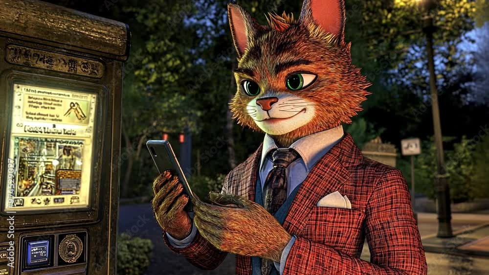 Aufkleber stylish cat using a cellphone at a quaint park in the moonlight generative ai