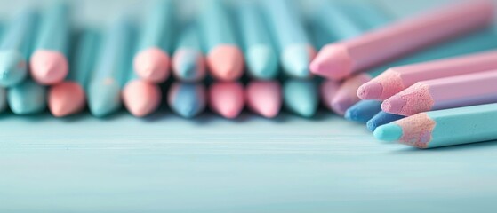 Pastel hues of creativity, colorful chalks arranged in soft focus, blending pinks and blues on a serene background, inviting artistic expression and playful imagination