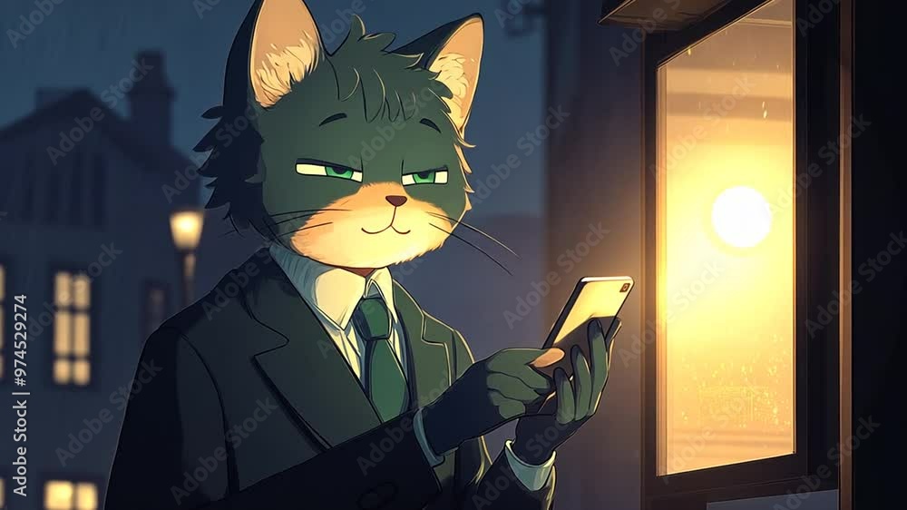 Poster cat character using a cellphone at night near a glowing lamp post generative ai