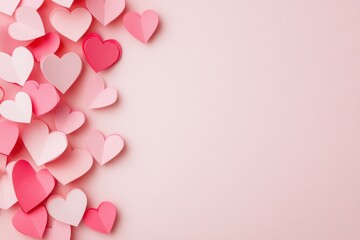 Paper cutout hearts in shades of pink and red on a soft pink background. Concept of love, romance, and Valentine's Day celebration.