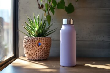 A lavender water bottle sits beside a potted plant on a wooden surface.