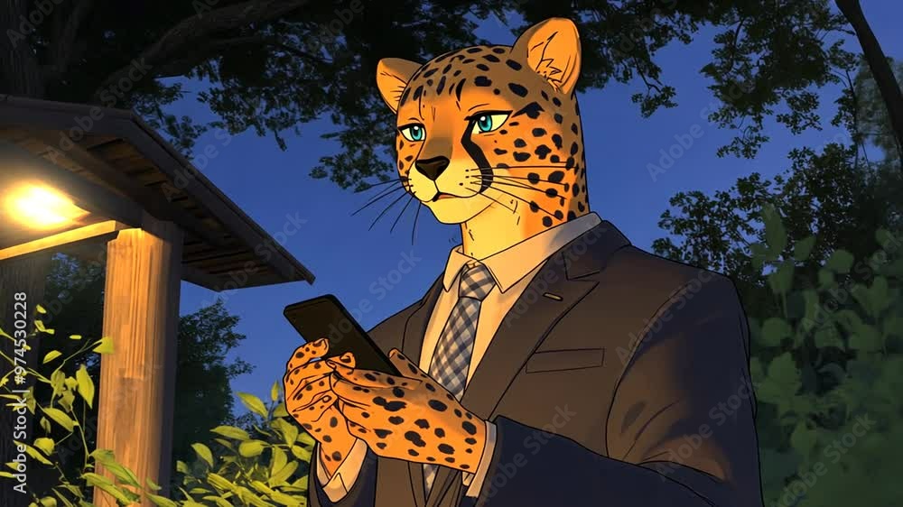 Poster leopard-headed man in a suit using phone in dark garden generative ai