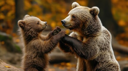 Obraz premium A wildlife shot of a bear cub playing with its mother, showcasing the playful and nurturing bond in nature.