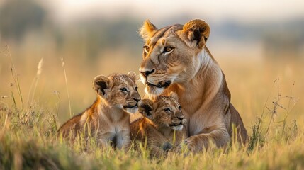 Fototapeta premium A wildlife shot of a lioness and her cubs playing in the grasslands, capturing the protective and nurturing bond of wildlife.