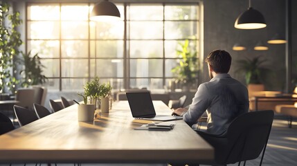 Fototapeta premium A Man Working on a Laptop at a Desk in a Modern Office
