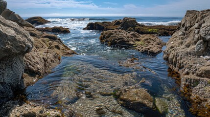 Fototapeta premium The rocky coastline showcases intricate formations carved by centuries of ocean waves, with tide pools revealing vibrant marine life at low tide.
