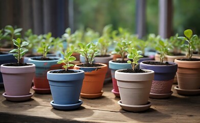 seedlings in painted pots.