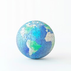 A globe made of puzzle pieces, concept of global unity, 3D render, isolated on white background