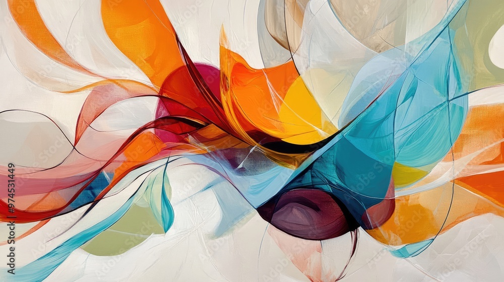 Poster a modern abstract painting with fluid lines and vibrant colors, adding a pop of energy to a neutral 