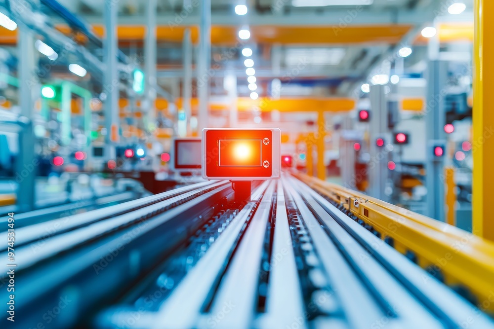 Poster a close-up view of a red indicator light on a factory production line showcasing automated technolog
