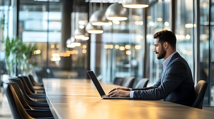 Man in a suit using a laptop at a conference table