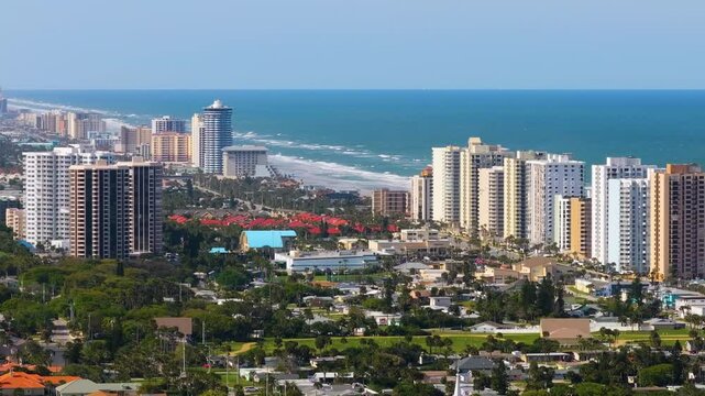 Aerial view of waterfront houses in Daytona Beach city, Florida. Coastal housing development in the USA