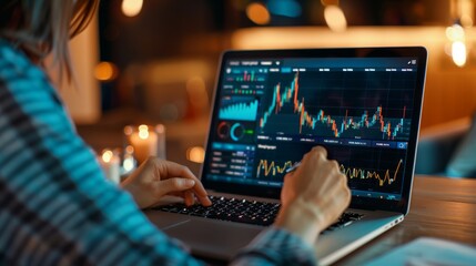Fototapeta premium Woman Analyzing Stock Market Data on Laptop at Night