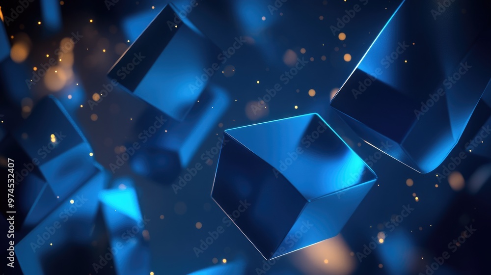 Poster abstract 3d geometric shapes in shades of blue, floating in a space-like dark background with soft g