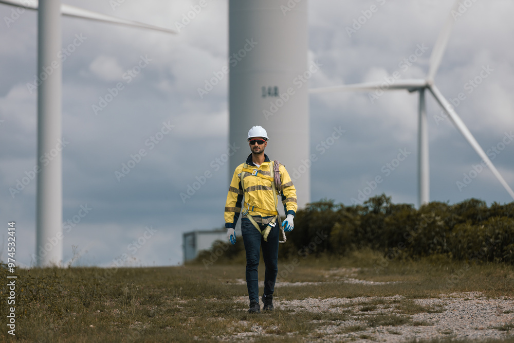 Poster Man engineers holding rope to maintenance working in wind turbine. Renewable energy power wind turbine. Technology protect environment reduce global warming problems.