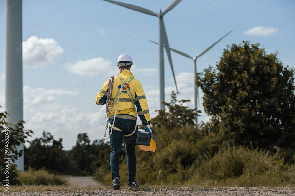 Fototapete Man engineers holding tools box and rope to maintenance working in wind turbine. Renewable energy power wind turbine. Technology protect environment reduce global warming problems.